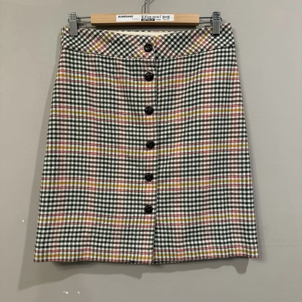 Talbots Wool Pink Green Plaid Faux Button Front Mini Skirt Size 2 Fall Preppy